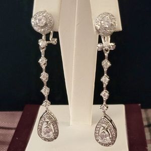 FANCY SILVER FORMAL LINEAR CZ DROP DANGLING EARRINGS